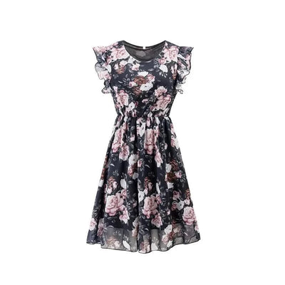 Summer Floral Print Dress For Women New Sleeveless Round Neck Dress Ruffled Short Sleeve Chiffon Print Short Dress For Women