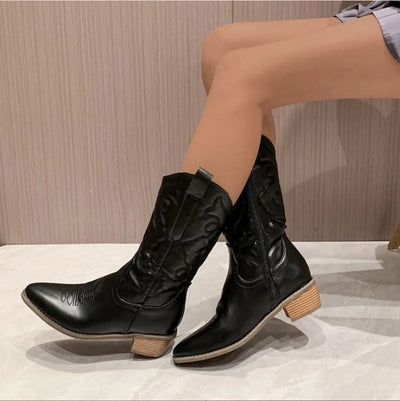 Women's Boots Fashion Pointed Toe Leather Boots Retro Embroidery Western Cowboy Boots for Women Thick Soled Mid-calf Boot Botas