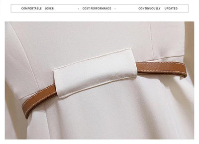 Women's Dress Double Breasted Elegant Dresses for Women 2025 Autumn Off white Dress Belt Knee-Length Solid Fashion Woman Clothes