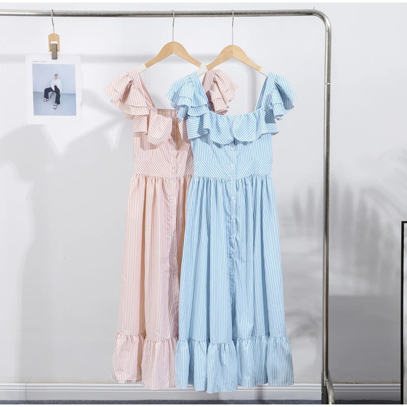 Ruffle Dress Women Fashion Backless A Line Slim Waist Striped Robe Female Flying Sleeves Buttons 2025 Summer Elegant Streetwear