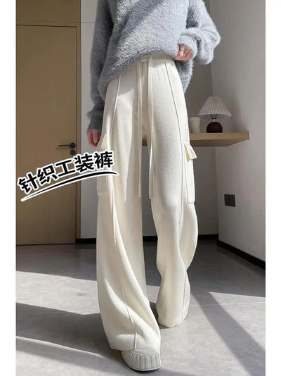 Knitted Wide Leg Pants for Women Autumn Winter High Waist Straight Leg Pants Loose and Casual Design Drawstring Work Pants