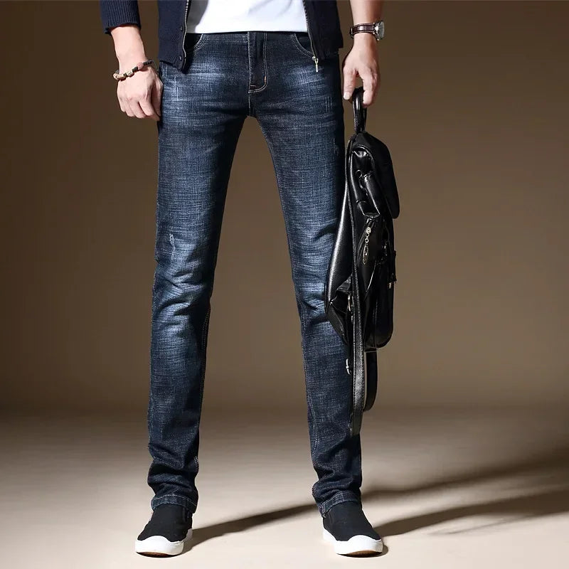 2025 New in Men's Stretch Jeans Straight Fit Denim Pants Male Formal Classic Blue Business Casual Regular Autumn Cowboy Trouser