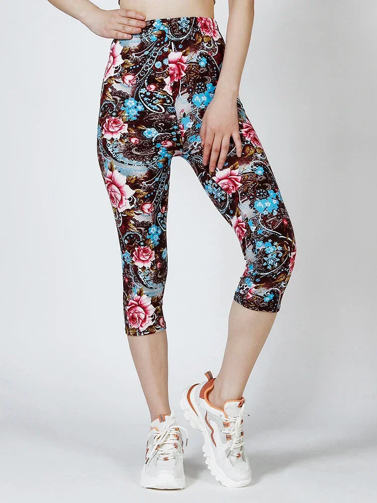 CUHAKCI New Digital Printing Leggings Women Tights Gym Mujer Summer Femme Ladies Floral Printed Push Up Capri Elastic Legging