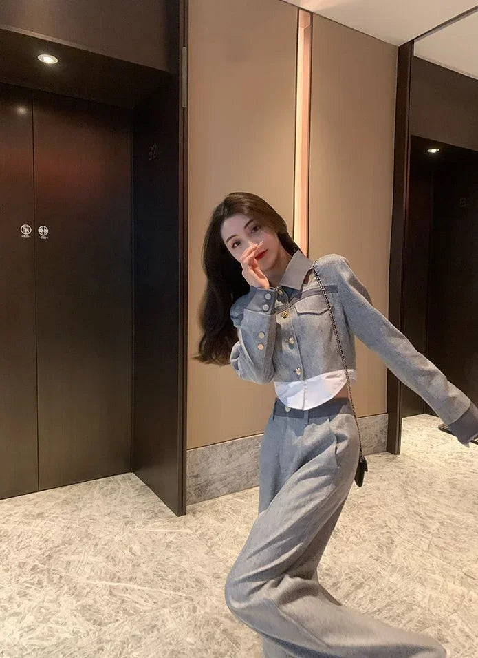 Trousers Woman Office Grey Wear To Work Top and Pant Sets for Women 2 Pieces Professional Spring Autumn Korean Style Luxury Full