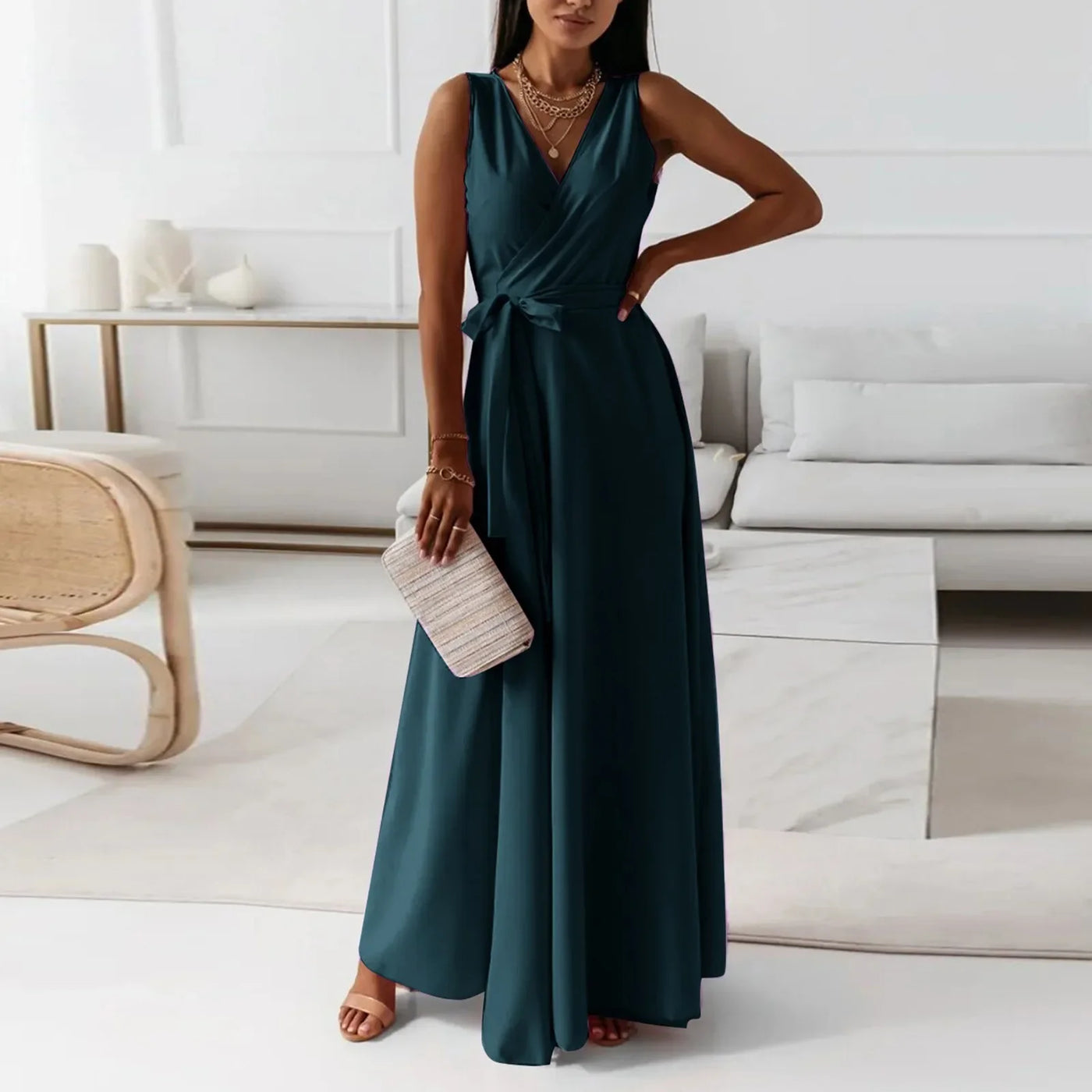 Women's Elegant Solid long dresses Casual Sleeveless High Waist Sexy Evening Formal dresses Fit And Flare Dresses For Women