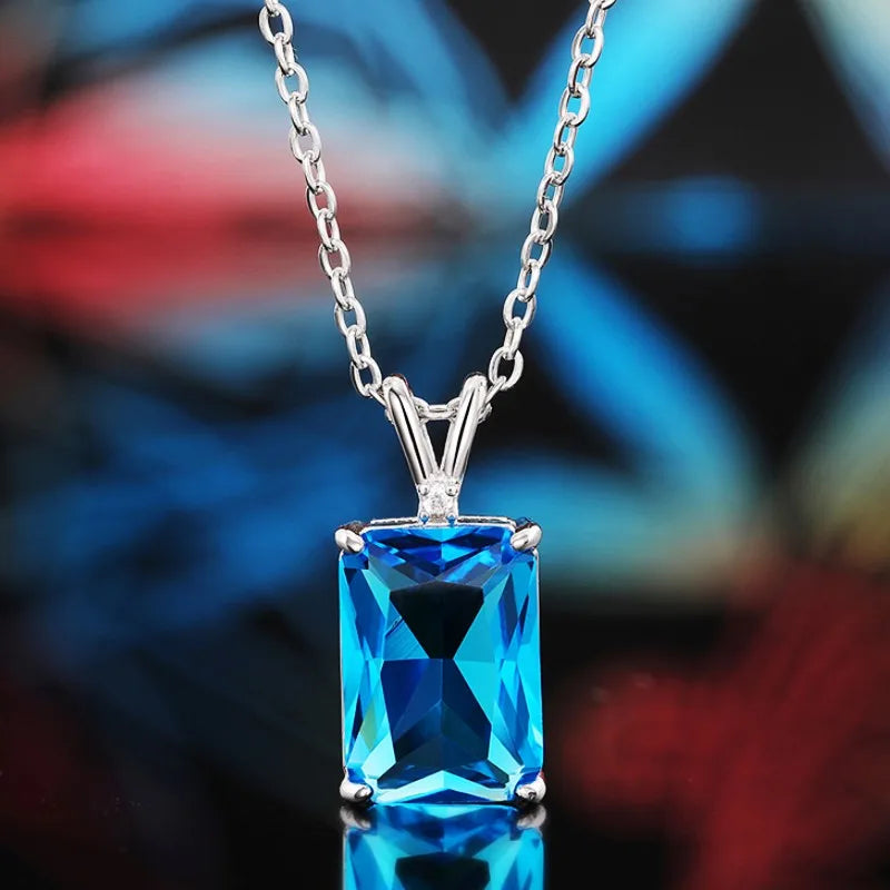 Huitan Luxury Solitaire Blue CZ Square Pendant Necklace for Women Modern Design Temperament Lady's Accessories Wedding Jewelry