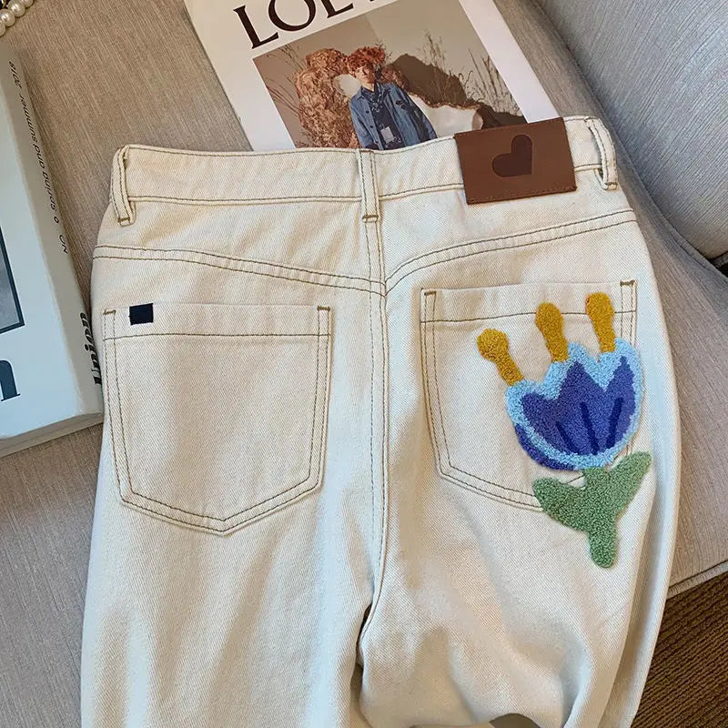 White Jeans For Women Spring High Waist Fashion Flower Design Straight Denim Pants Chic Loose Wide Leg Casual Trousers