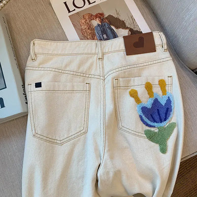 White Jeans For Women Spring High Waist Fashion Flower Design Straight Denim Pants Chic Loose Wide Leg Casual Trousers