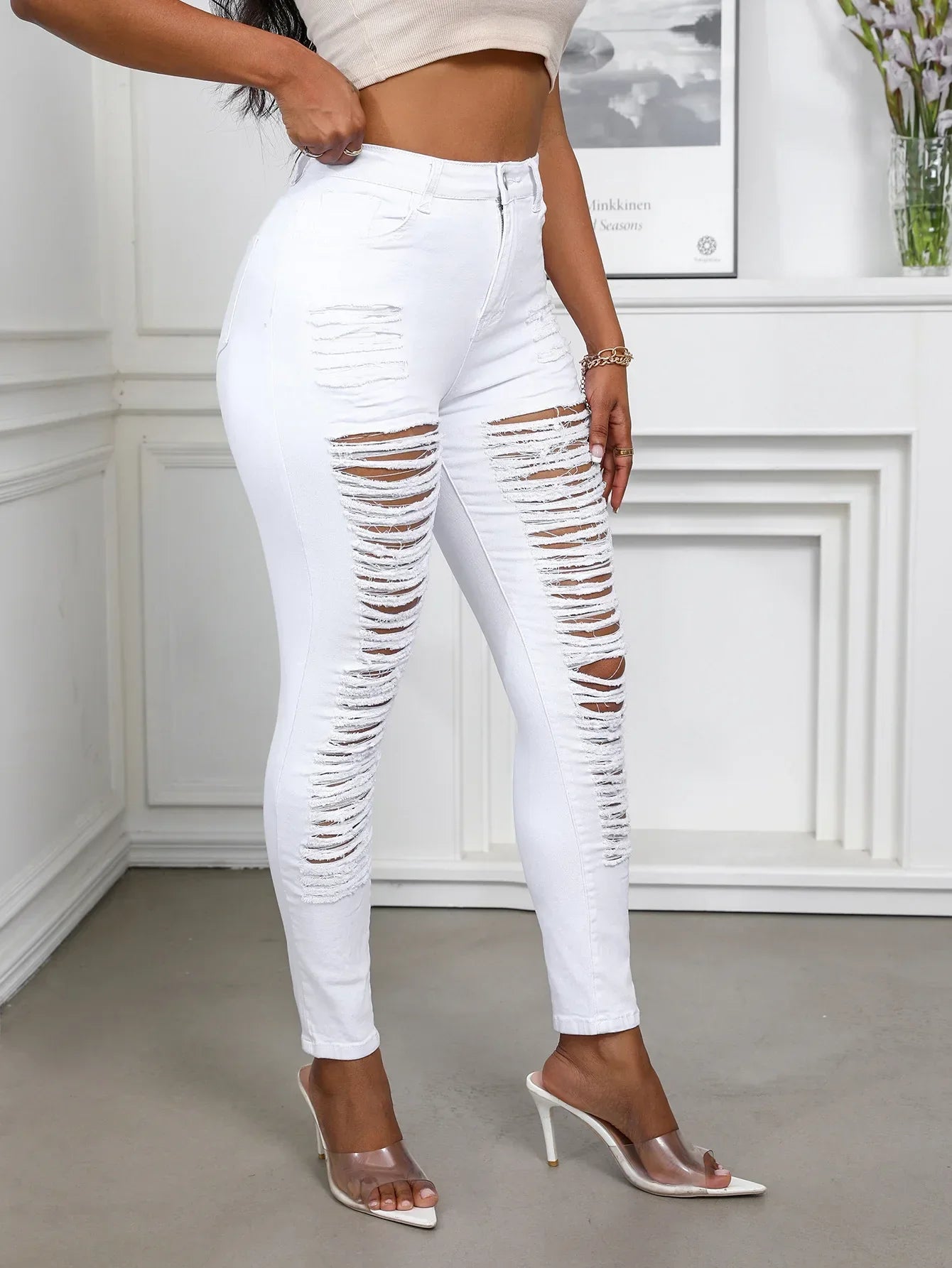 Women's Spring and Fall Fashion Elastic Ripped Jeans Women Casual Close-fitting High-waisted Denim Small Leg Pants Pencil Pants