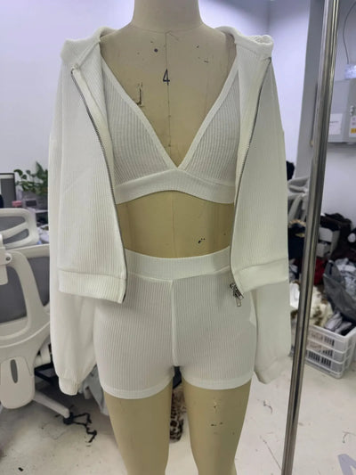 Solid Sport 3 Piece Set Crop Vest Hoodie Tracksuit Women Casual Sweatshirt Coat Mini Short Matching Set Sportswear 3 PCS Outfit