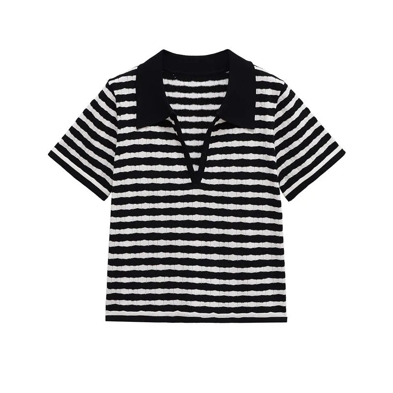 Summer polo collar stripe knit t shirts women 2 pc sets short sleeve knitwear casual high waisit wide leg pants suits female