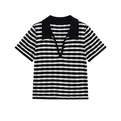 Summer polo collar stripe knit t shirts women 2 pc sets short sleeve knitwear casual high waisit wide leg pants suits female