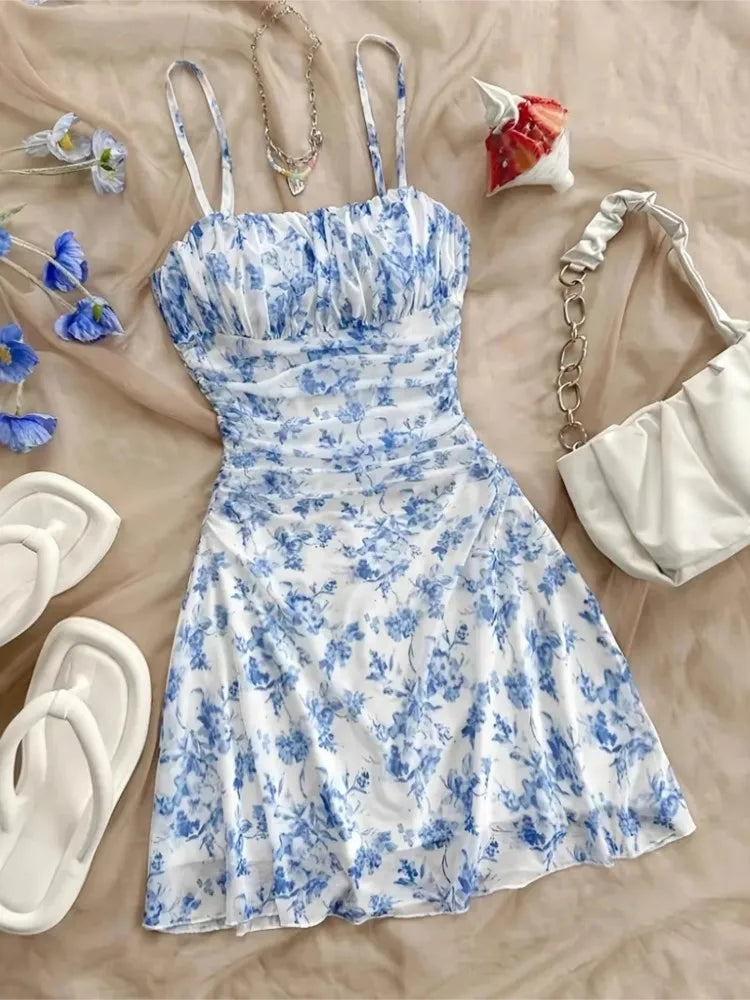 Women's Summer Elegant Floral Mini Dresses Fashion Fold High Waist Slim A-Line Dress Lady Sexy Backless Spaghetti Strap Sundress