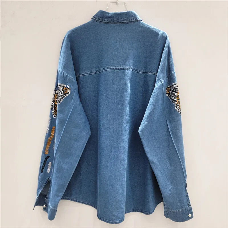ANJY Autumn New Women Chic Two-Piece Set Studded Diamonds Streetwear Denim Shirt Drawstring Straight Elegant Casual Pants  A9654