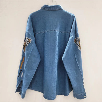 ANJY Autumn New Women Chic Two-Piece Set Studded Diamonds Streetwear Denim Shirt Drawstring Straight Elegant Casual Pants  A9654