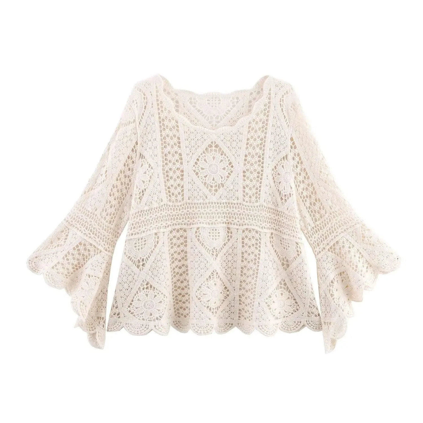 Summer Bohemian Women Loose DRESS Suits Hook Flower Hollow Out Bat Sleeve Shirt+Tassels Drawstring Bodycon Skirt Vacation Sets