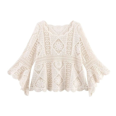 Summer Bohemian Women Loose DRESS Suits Hook Flower Hollow Out Bat Sleeve Shirt+Tassels Drawstring Bodycon Skirt Vacation Sets