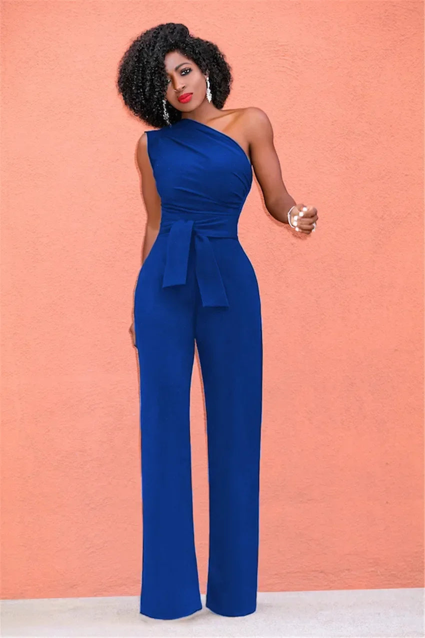 Women's Jumpsuit Solid Skew Collar Crop Top Straight Pants Belt Sexy Sleeveless Loose Pants Elegant Charming Playsuits 2024
