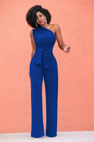 Women's Jumpsuit Solid Skew Collar Crop Top Straight Pants Belt Sexy Sleeveless Loose Pants Elegant Charming Playsuits 2024