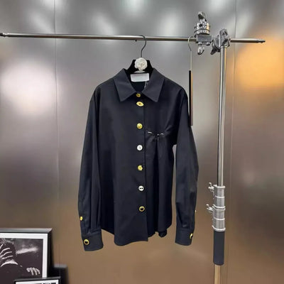 VGH Chic Spliced Metal Buckles Two Piece Set for Women Lapel Long Sleeve Top High Waist Patchwork Drawstring Pants Suit Female