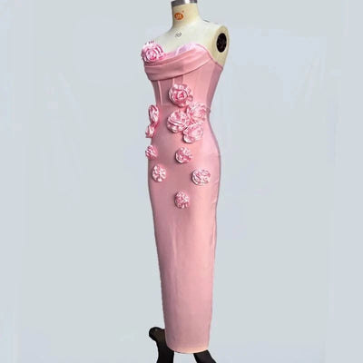 Pink Red Color Women Sexy Strapless Off the Shoulder Florals Bodycon Long Bandage Dress Celebrate Fashion Evening Party Outfit