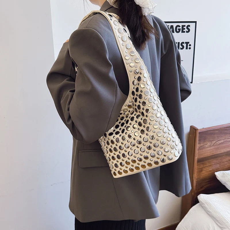 Designer Geometric Shoulder Bag For Women Top Brand Handbag Luxury Shiny Rivet Handmade Evening Clutch Bag Fashion Party Purse