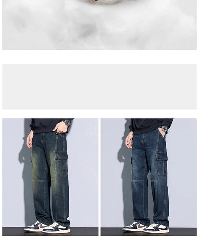 Men's 97% Cotton Straight Cargo Jeans Trendy Multi-pocket Nostalgic Loose Trousers Man American Vintage Fashion Denim Pants