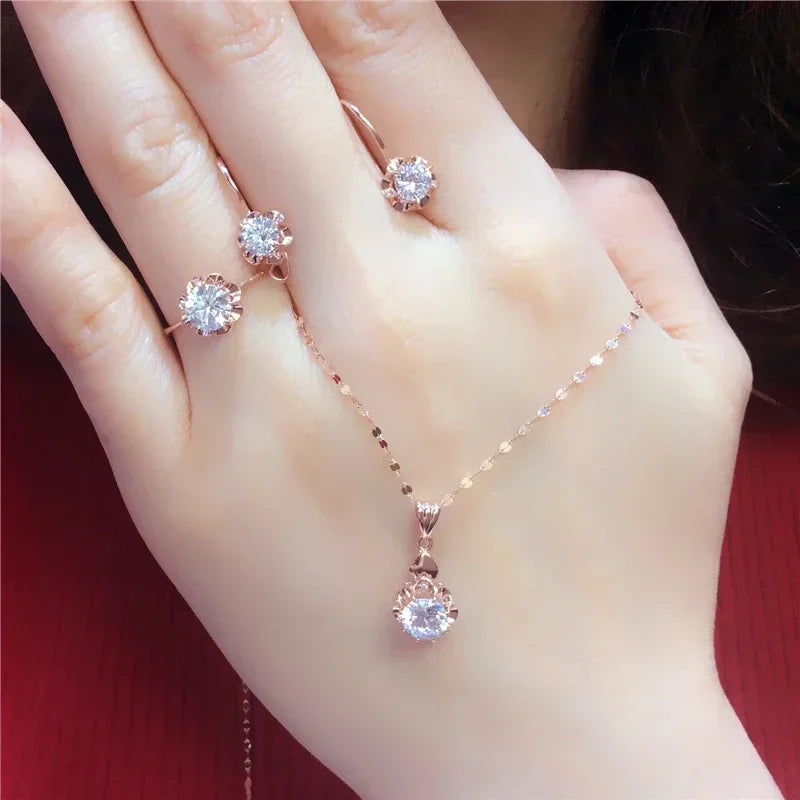 White Shiny Flower Jewelry Set Plated  Rose Gold Earrings for Women Charms Rings Necklace Elegant Light Luxury Necklaces