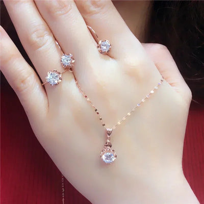 White Shiny Flower Jewelry Set Plated  Rose Gold Earrings for Women Charms Rings Necklace Elegant Light Luxury Necklaces