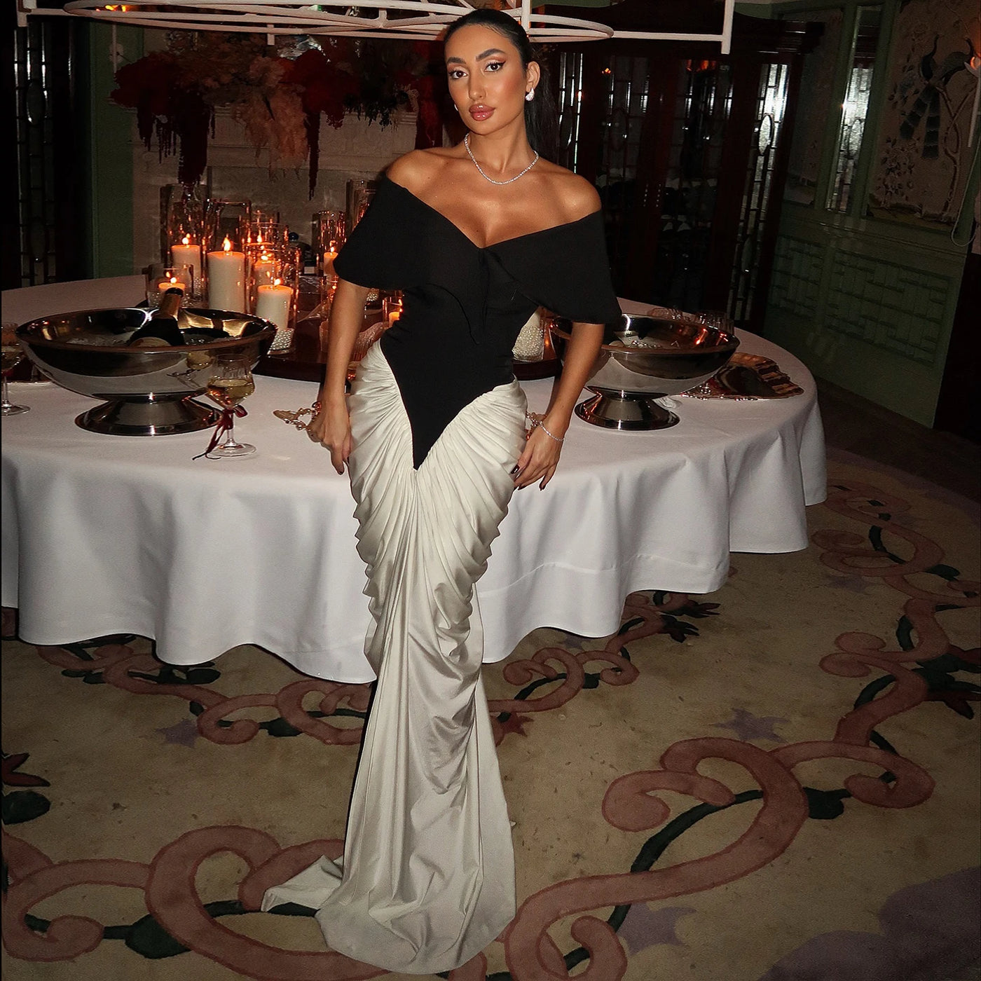Sharon Said Dubai Elegant Black and White Off Shoulder Mermaid Evening Dress for Women Wedding Party Prom Gown SF531 Customized