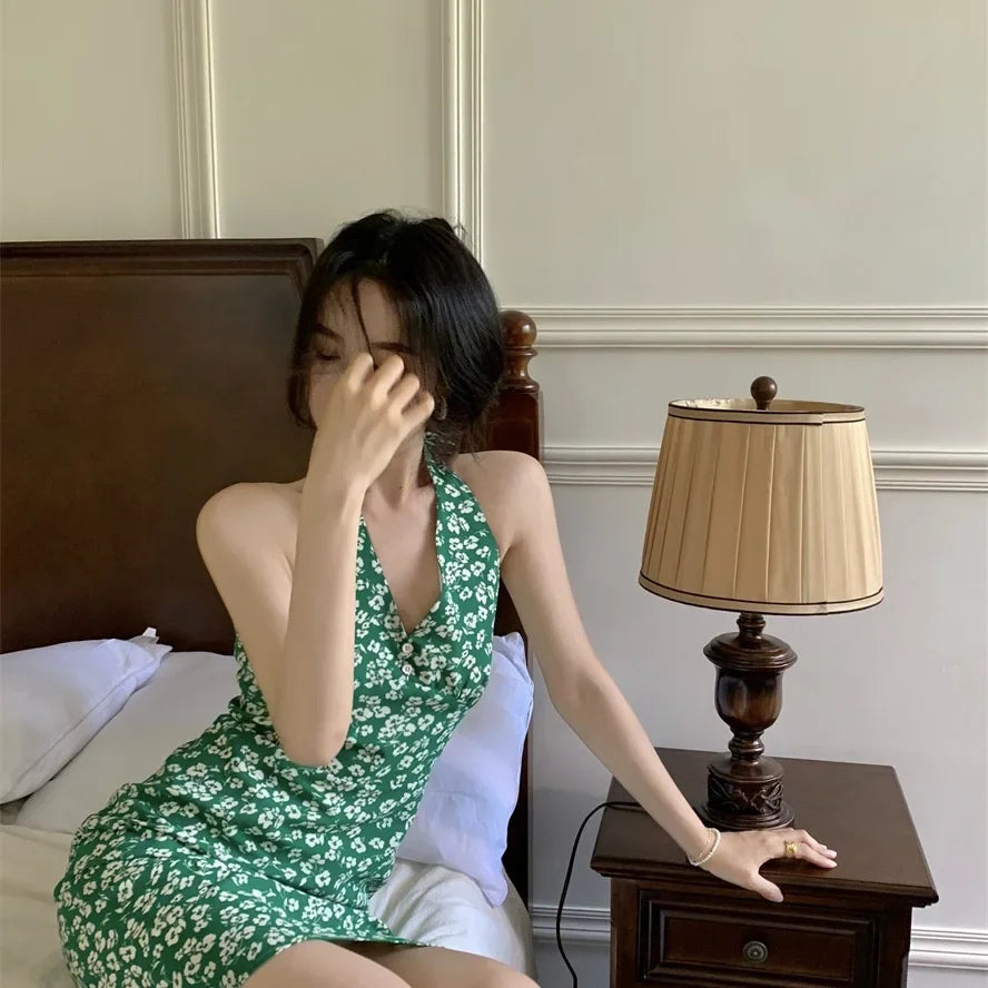 Women Mini Dresses Summer Fashion Female Vestidos Print Floral Chiffon Dresses Shirring Pleated Short Puffy Sleeve Casual Dress