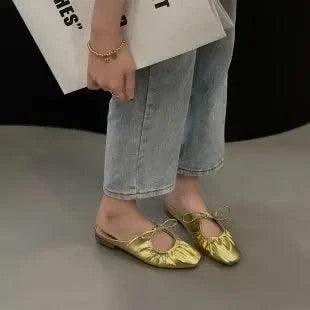 Women Ballet Leather Narrow Band Flat Shoes  Bling Silver,  Gold Footwear