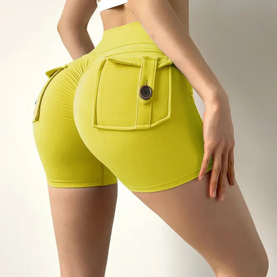Shorts Women Solid Yoga Pants Pocket Button Short Pant Slim Fit Trousers Wrap Hip Splice Sporty High Waist Lady Summer