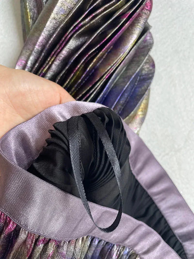 Shiny Colorful Luxury High Waist Midi Skirt 2025 Spring/Summer Fashion Trends Elastic Waistband Pleated Skirt Old Money Style