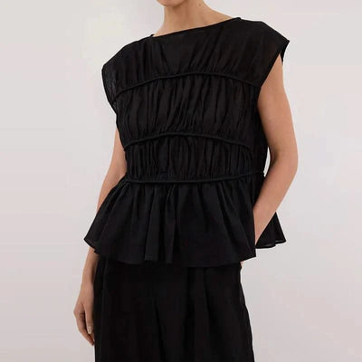 Women Cotton Linen Sleeveless Blouse Round Neck Pleated Top 2025 Spring Summer New Lady O-Neck Solid Color Shirt