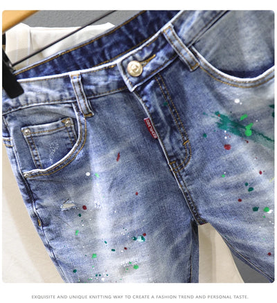 Men Fashion Denim Shorts Jeans New Summer Male Blue Ripped Jeans Shorts High Quality Man Paint Splash Technology Denim Shorts