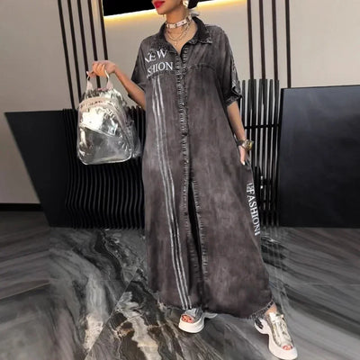 Denim Dress Women Long Dresses Letter Print Vestidos Single Breasted Turn Down Collar Distressed Maxi Gown Summer A Line 2025