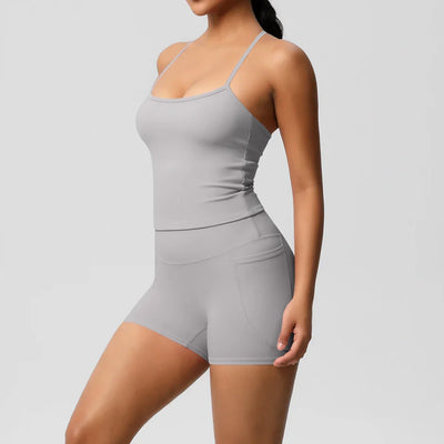 2PCS Sportswear With Pocketed Yoga Set Gym Clothes Yoga Suits For Women Tracksuits Sports Shorts Crossover Bra Gym Leggings