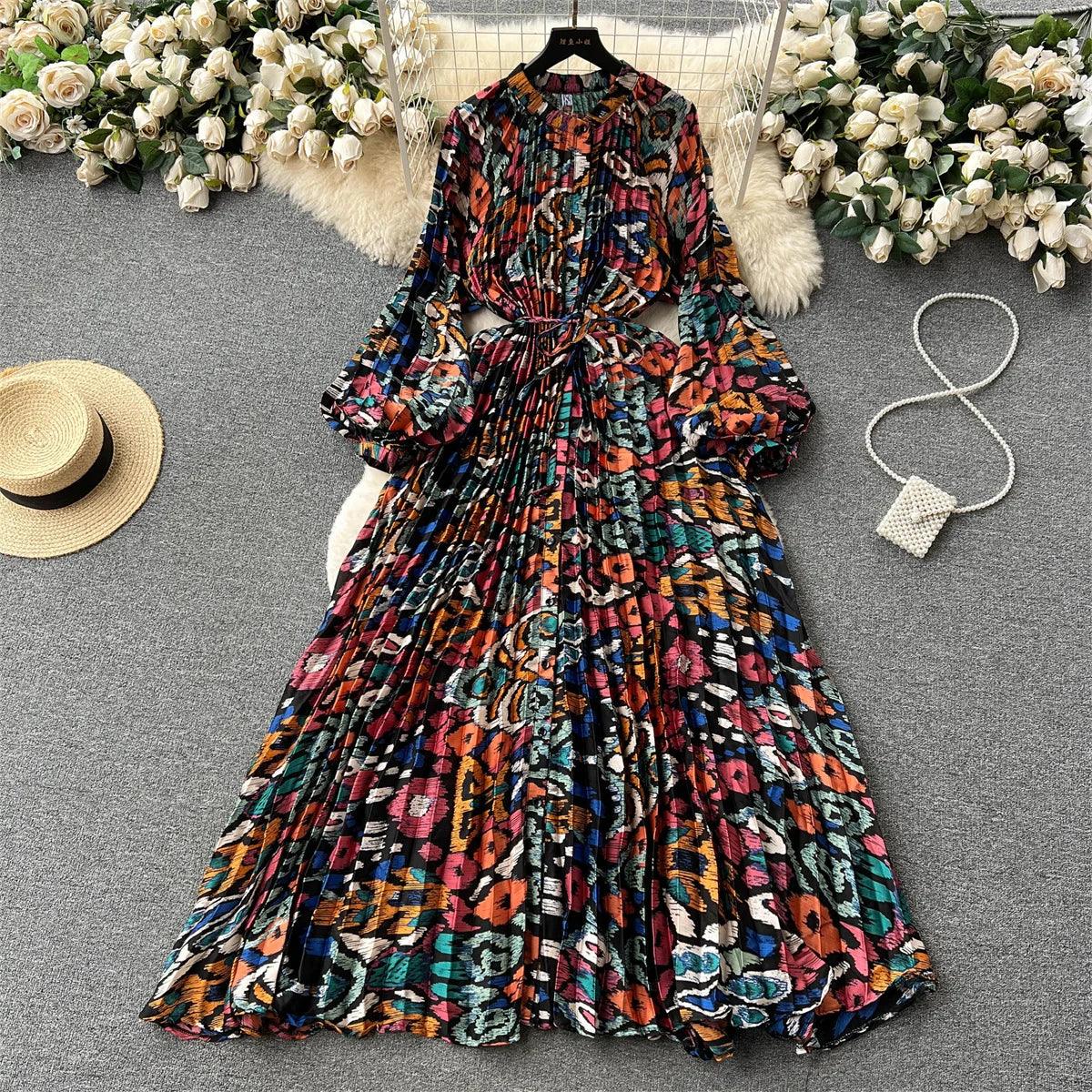 Retro Print Elegant Pleated Lantern Long Sleeve O Neck Single Breasted Dress A-line  Casual High Waist Women Summer Dresses