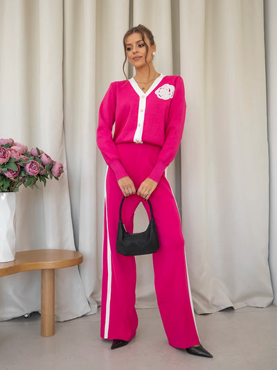 Loungewear Women Knitted Suit Casual Tracksuit Women Two Piece Set Embroidery Floral Knit Cardigan Pant Matching Sets Women 2024