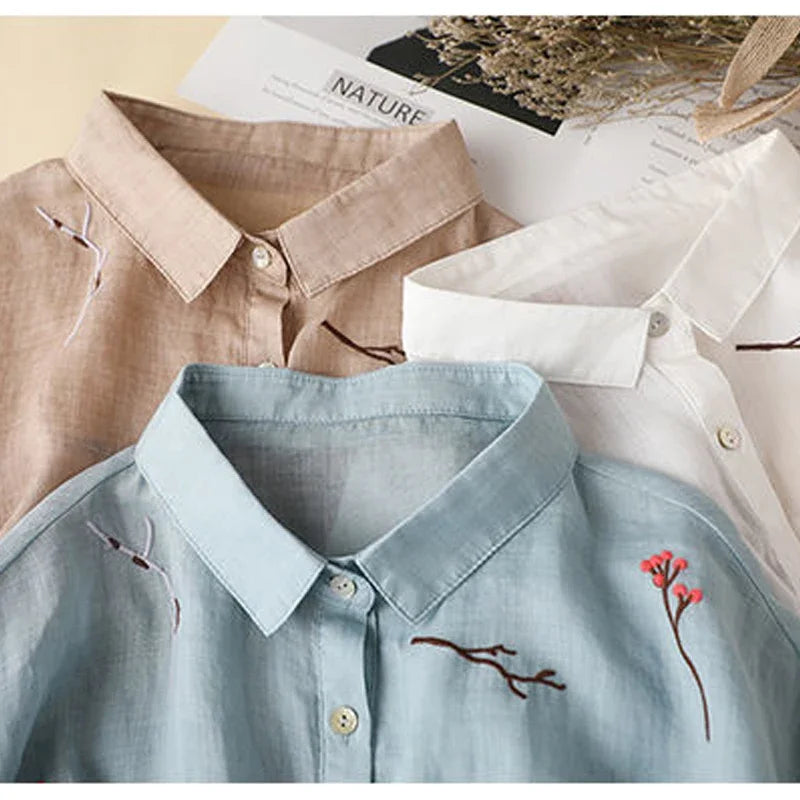 Summer Seven Point Cotton Linen Embroidered Shirt for Women 2024 New Literary Loose Temperament Lapel Casual Top for Women