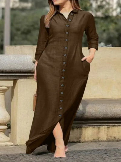 Elegant Long Dress For Women Spring Autumn Long Sleeve Solid Color Cotton And Linen Shirt Dresses Casual Button Dress Robe Femme