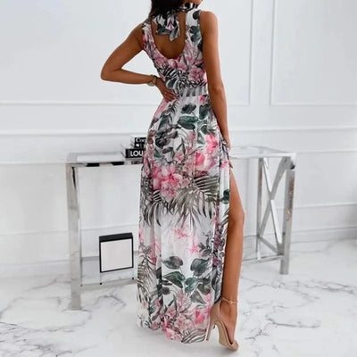 Summer Women Dress Floral Print Fashion Slim V-Neck Tie-Up Backless Chiffon Sexy Sleeveless Slit Maxi Cover-Ups Robe Beach Dress