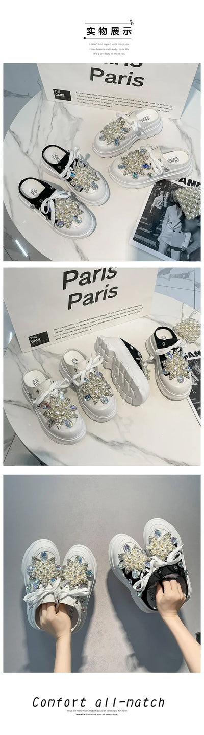 Spring New Women Sneakers Slipper Designer Platform Mules Flat Sandal Sweet Casual Lace Up Pearl Crystal Shallow Ladies Shoes