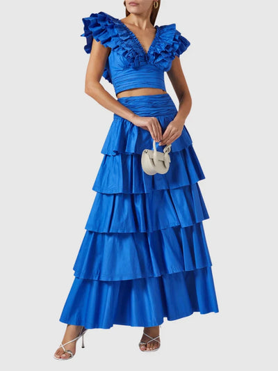 TWOTWINSTYLE Solid Two Piece Sets for Women V Neck Sleevelesss Spliced Folds Top High Waist Elegant Skirts Female Clothing New