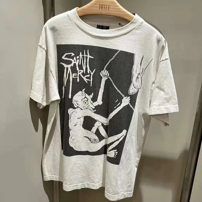 Saint 2025 New Short Sleeve Men Women T-shirts Retro Oversize White Black O-Neck Cotton Print
