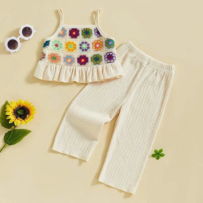 Toddler Girls 2 Piece Outfits Crocheted Flowers Fruit Ruffled Camisole and Elastic Pants Set Baby Children Summer Clothes