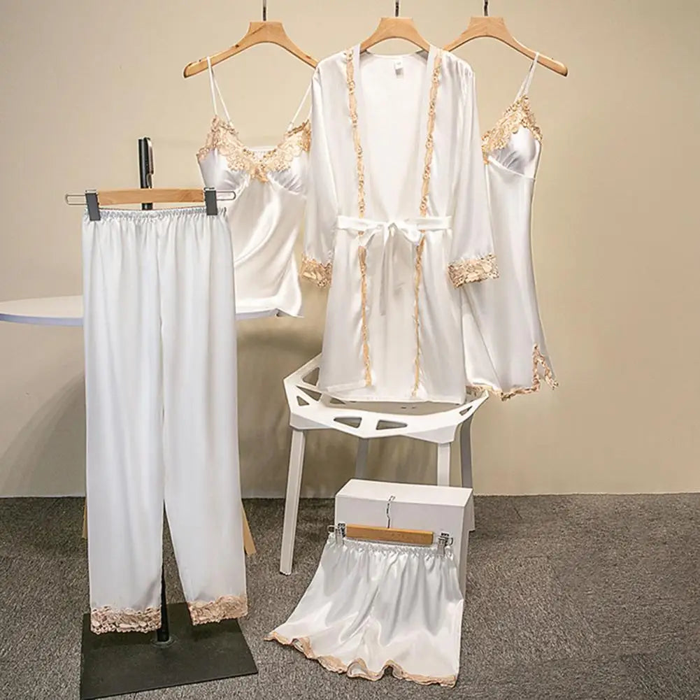 Women's Summer Sexy Pajama Pants Set 5 Pieces Nightgown Nightdress Top Shorts Pants Set Lace Satin Silk Sleepwear Robe Sleepwear