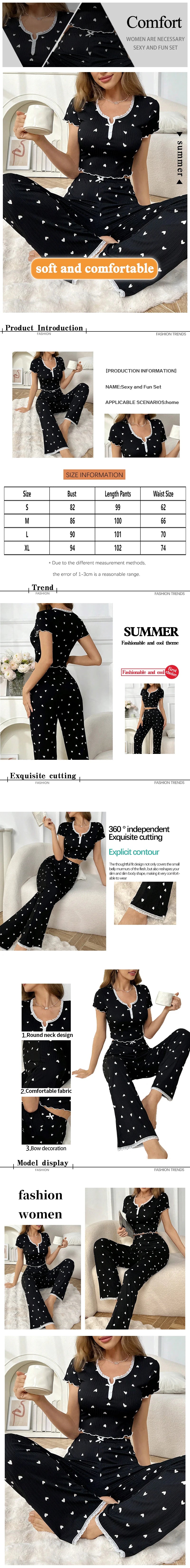 Womens' Casual Pajamas Set Love Print Black Casual Lounge Wear Decorative Button Lace Edge Short Sleeve Pants