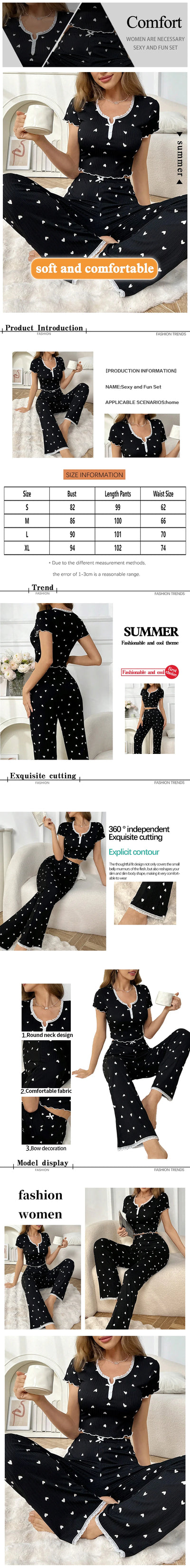 Womens' Casual Pajamas Set Love Print Black Casual Lounge Wear Decorative Button Lace Edge Short Sleeve Pants